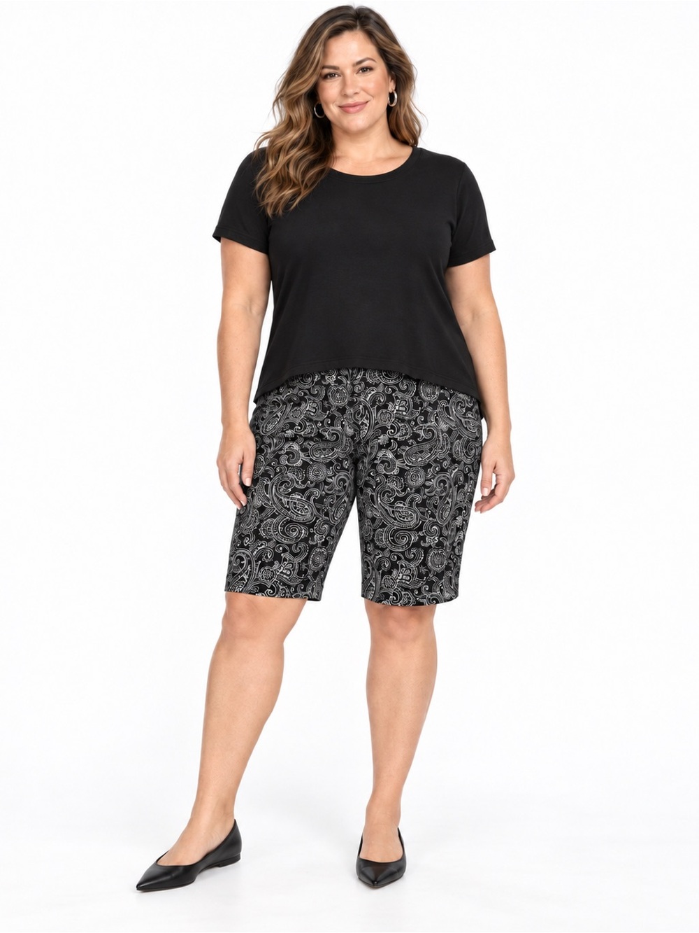 Rafaella Comfort Paisley Bermuda Shorts Size 16 Black White Stretch